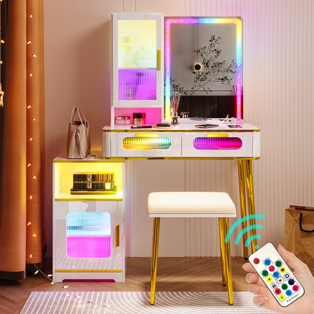 HNEBC Vanity Desk with Mirror, RGB LED Lights, USB Port, Drawers