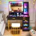 thumbnail image 1 of HNEBC Vanity Desk with Mirror and RGB Lights, Glass Top Makeup Vanity with Auto Sensor Lights and Wireless Charging, Vanity Table Set with Cushion Stool, Dressing Table with 6 Drawers (Black), 1 of 10