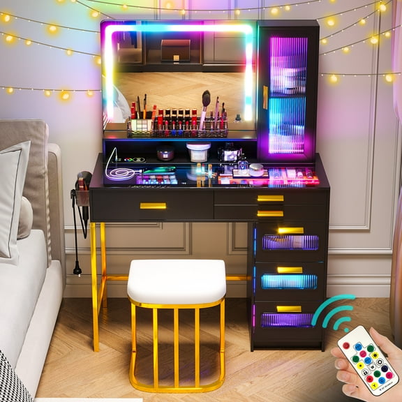 HNEBC Vanity Desk with Mirror and RGB Lights, Glass Top Makeup Vanity with Auto Sensor Lights and Wireless Charging, Vanity Table Set with Cushion Stool, Dressing Table with 6 Drawers (Black)