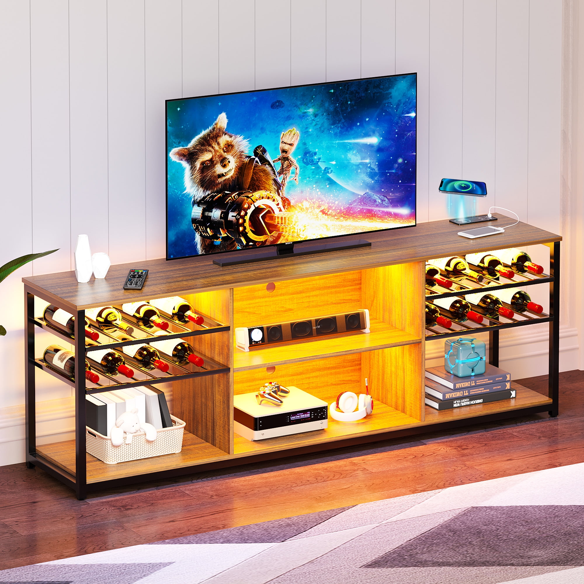 HNEBC Wine Bar Cabinet with Lights LED TV Stand for 75 Inch TV Television Stands with Charging Station