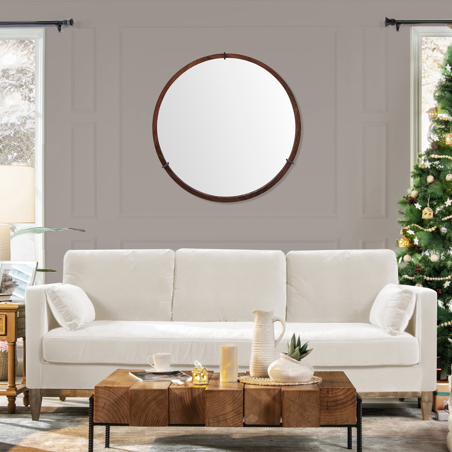 HNGKNG Hausen 31.5” Mid-Century Modern Round Accent Wall Mirror Brown ...