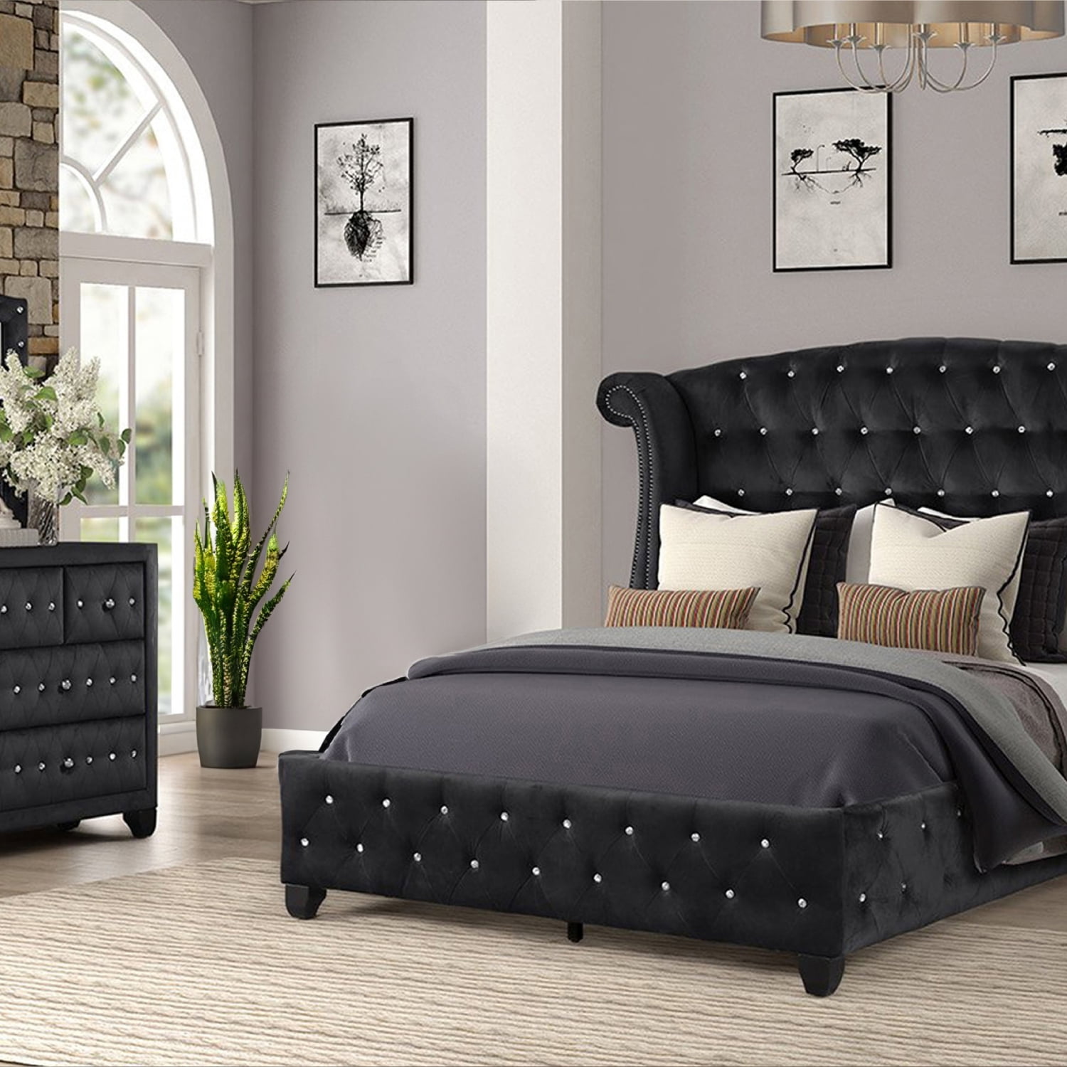 HNGKNG Sophia Queen 4 Pc Upholstery Bedroom Set Made With Wood in Black ...