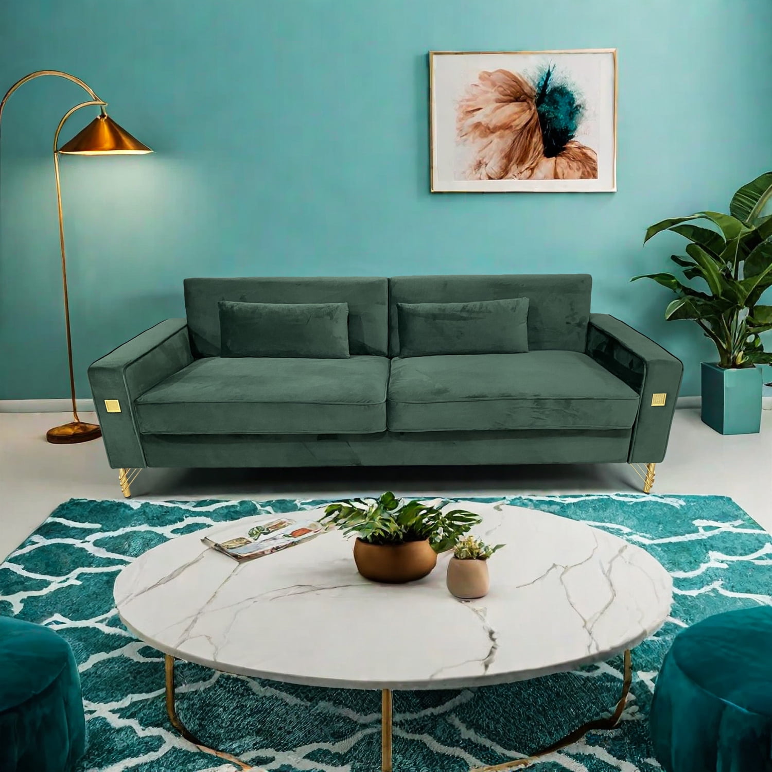 HNGMTNG FX-P18-RG2(SOFA) Luxury Emerald Green Velvet Sofa with Gold ...