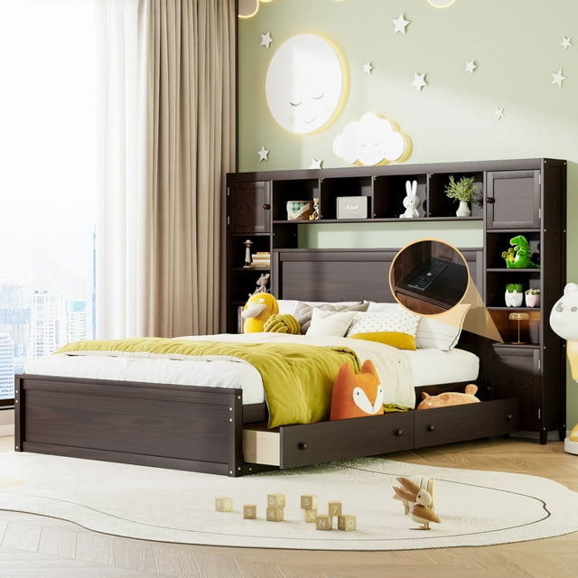 HNGMTNG Queen Size Wooden Bed With AllinOne Shelf and Sockets