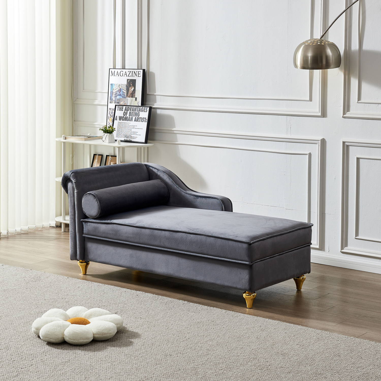 HNGMTON Modern Upholstery Chaise Lounge Chair with Storage Velvet (Grey ...