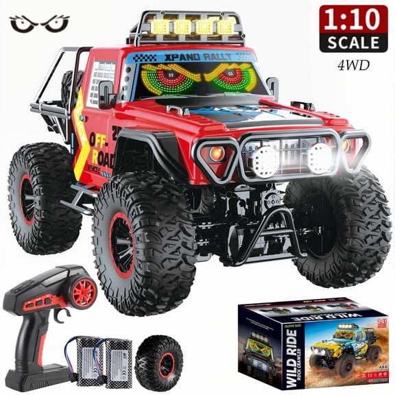 HNH 1:10 Big Remote Control Car for Kids, 4WD Off Road Rc Car Monster Truck with LED Light, 2 Batteries