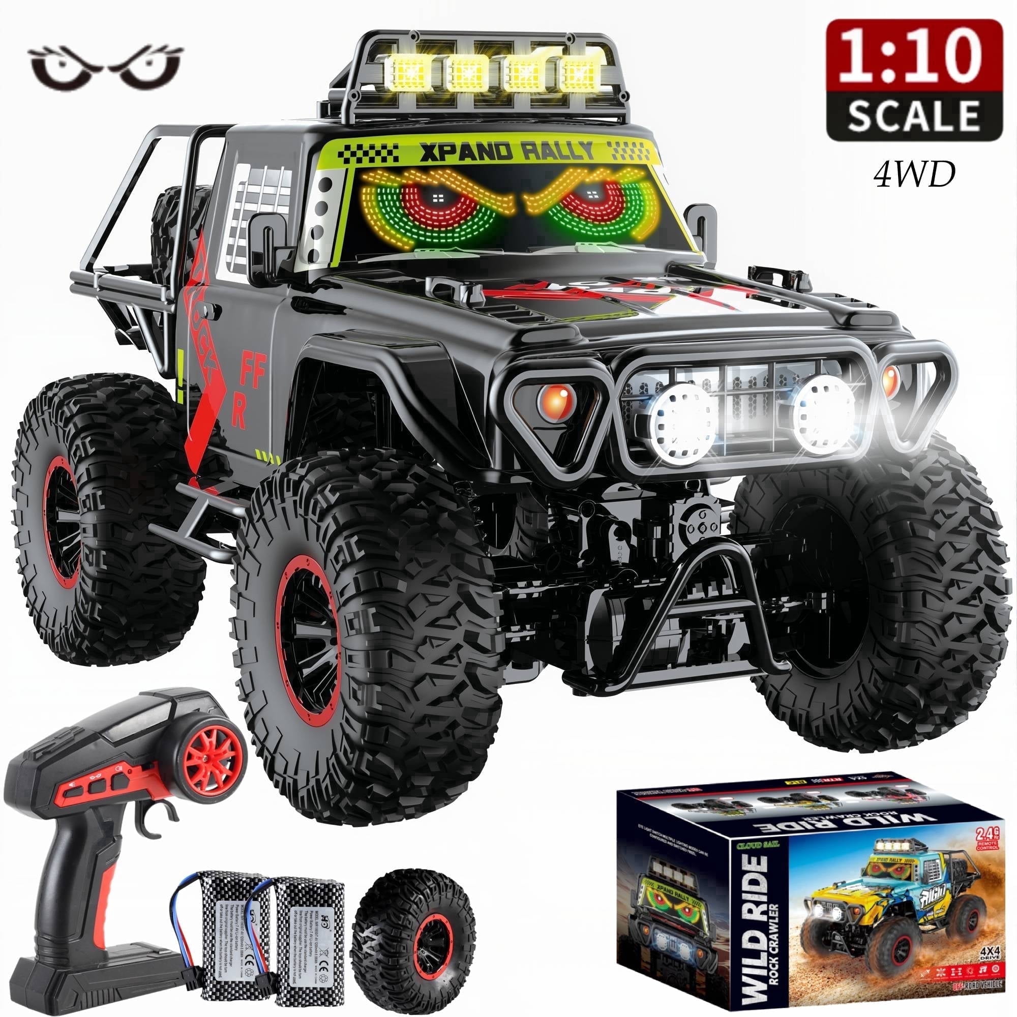 HNH 1:10 Big Rock Crawler 4WD Rc Car off Road Monster Truck, 25KM/H Remote Control Car with LED Light, 2400Mah Batteries