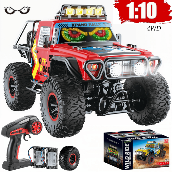 HNH 1:10 Big Remote Control Car for Kids, 4WD Off Road Rc Car Monster Truck with LED Light, Music, 25KM/H, 2 Batteries