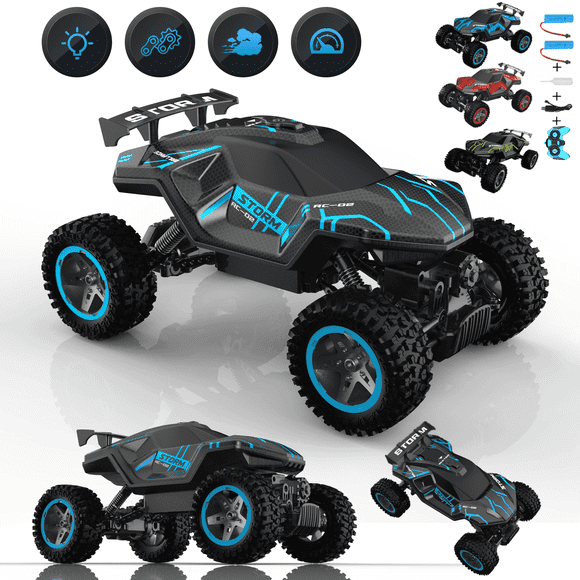 HNH 1:16 RC Car Remote Control Car, 60+min Monster Truck with Lights and Spray Function, All Terrain Off Road RC Monster Vehicle Truck for Kids, 2400Mah Battery