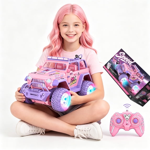 HNH 1:16 Remote Control Car for Girl, Pink Monster Truck with DIY Sticker, Colorful Wheel Light, Spray, Off Road Trucks for Kid Age 4-12 Birthday Gift