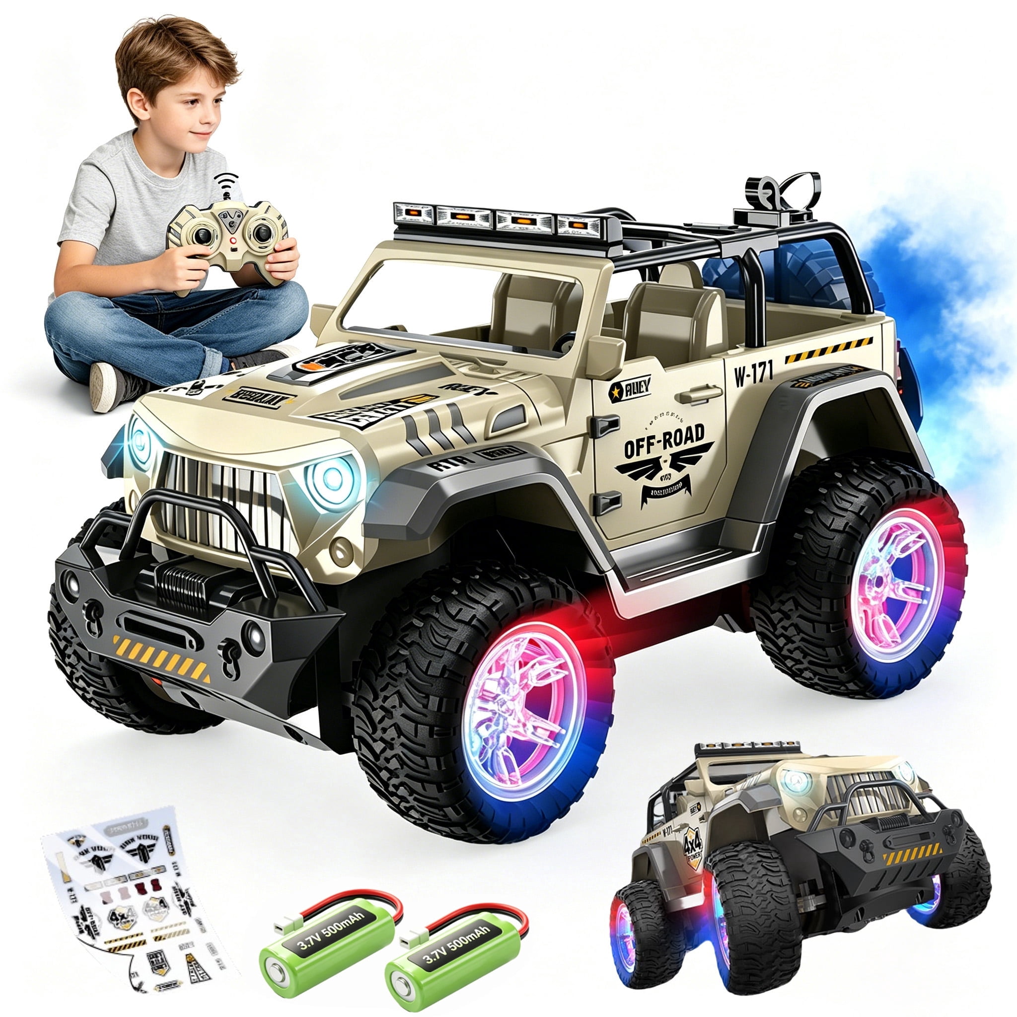 HNH 1:16 Remote Control Car, Off Road Monster Truck 2.4Ghz RC Cars with Stickers, 80 Min Play, Wheel Light, Spray