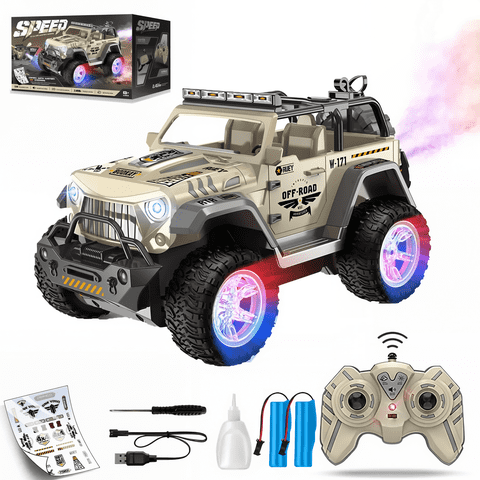 HNH 1:16 Remote Control Truck for Kids, 2.4Ghz Off Road RC Car with Stickers, Wheel Light, Spray, 2 Batteries, 80 Min Play