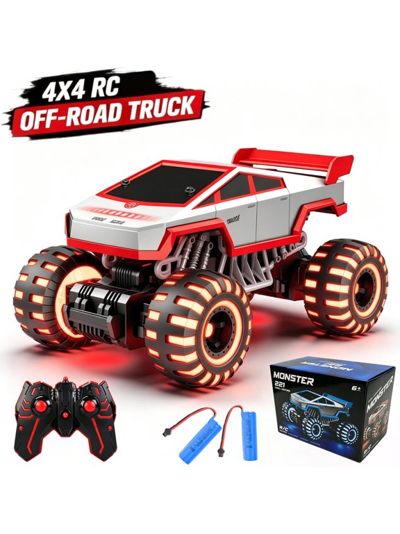 1/16 Remote Control Car for Kids Gift, All Terrain RC Cars with 7 LED Light and 2 Rechargeable Batteries, RC Monster Truck Toys