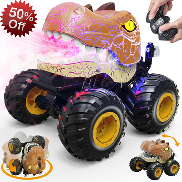 HNH 1:16 Dinosaur Rc Car, Remote Control Monster Truck for Boys & Girls, Spray, Lights and Sound, Brown
