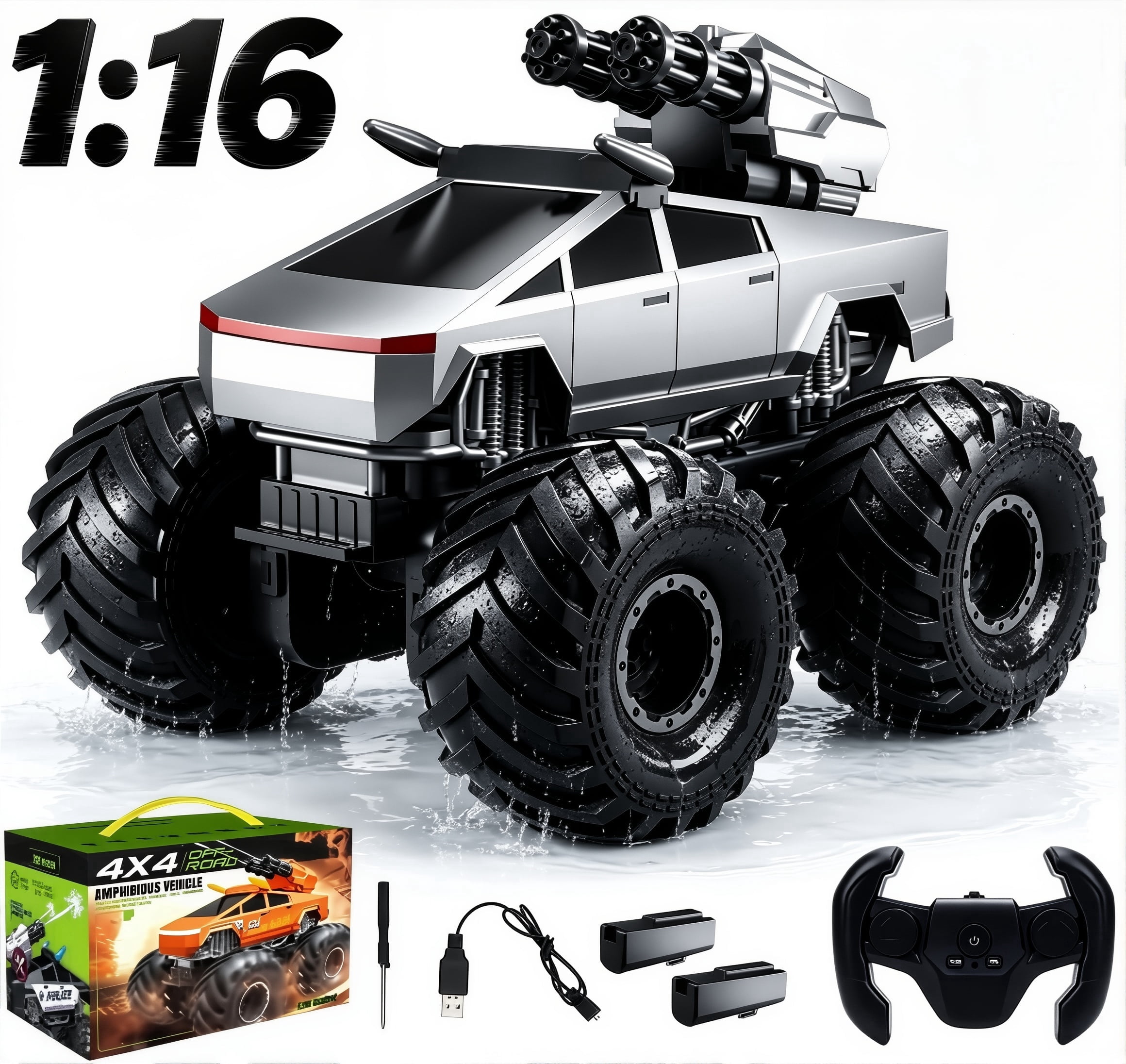 HNH 1:16 Waterproof Monster Truck, Amphibious RC Cars 4WD Remote Control Car Trucks, All Terrain Off-Road Pickup Cybertruck Toy for 6-15 Year Old Boys Girls Kids Gifts
