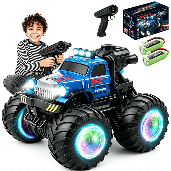 HNH Remote Control Mosnter Truck, RC Cars with Mist Spray, Two Batteries | RC Truck with Music & LED Light, 360° Stunt Spins Monster Truck Toys for Boys 4-7, 40+ Mins Battery Life