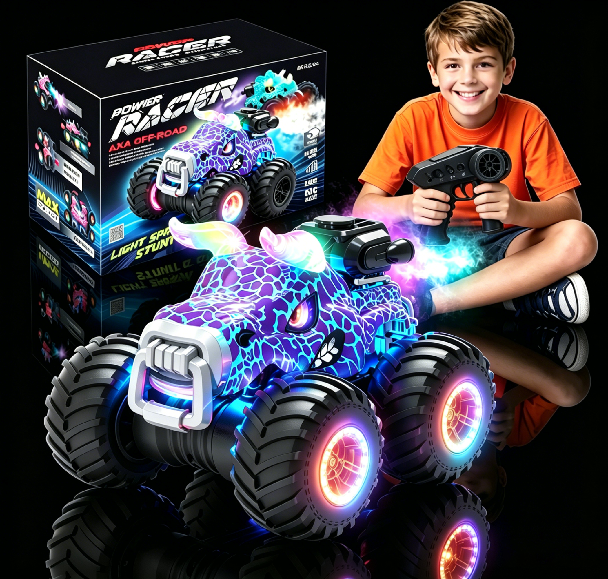 HNH 1:18 RC Monster Trucks Remote Control Car for Kids, 360°Rotating All Terrain RC Stunt Car with Light & Music, Cow-Purple
