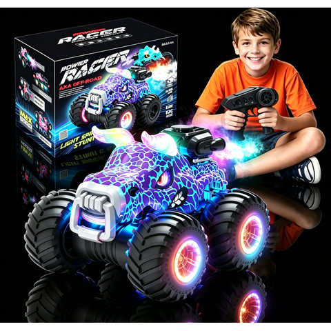 HNH 1:18 RC Monster Trucks Remote Control Car for Kids, 360°Rotating All Terrain RC Stunt Car with Light & Music, Cow-Purple