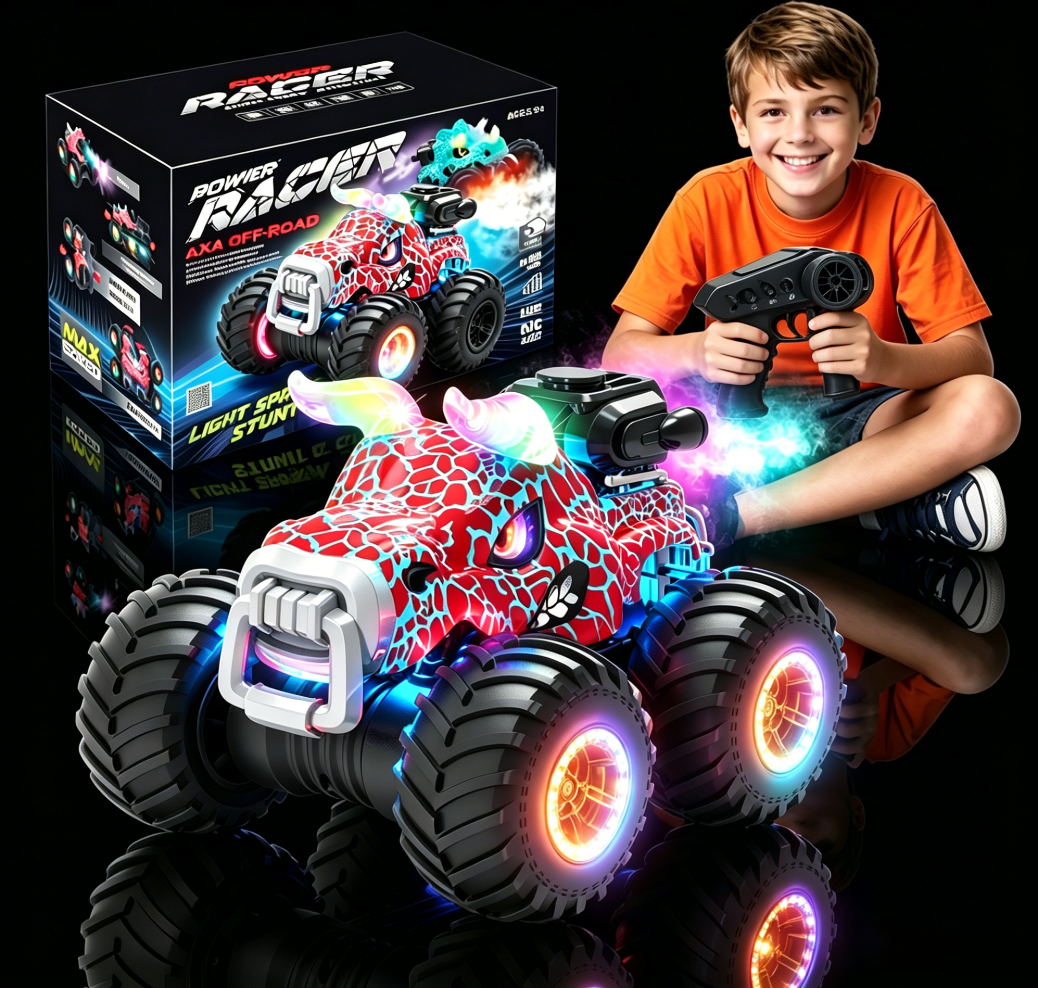 HNH 1:18 RC Monster Trucks Remote Control Car for Kids, 360°Rotating All Terrain RC Stunt Car with Light & Music, Cow-Red