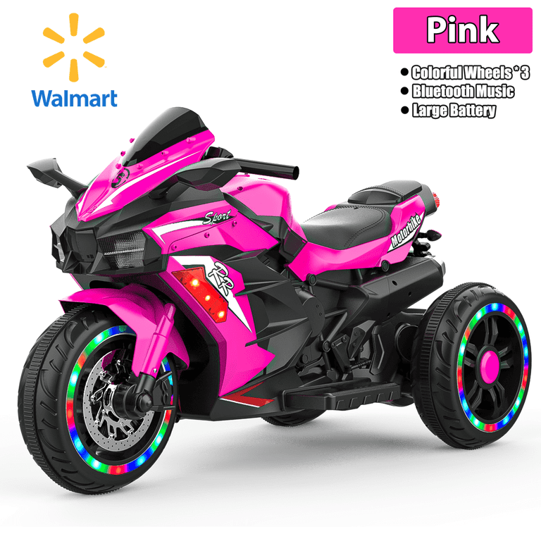 HNH Pink Motorcycle for Girls 12V Battery Powered Motorbike Ride on Toy for Kids 2 6 Electric Dirt Bike with 3 Wheels LED Light Bluetooth Music Walmart