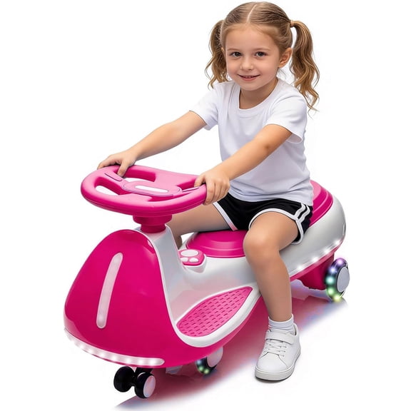 HNH 12V Electric Wiggle Car with LED Wheels, 2 Seater, Music & Bluetooth, Ride On Toy for Kids Ages 3+, 68 Lbs, Pink