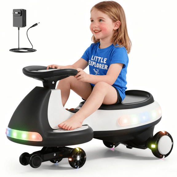 HNH 12V Electric Wiggle Car with Pedal, 2 in 1 Battery Swing Car for Ages 3 +, Flashing Wheels, Bluetooth, Black&White