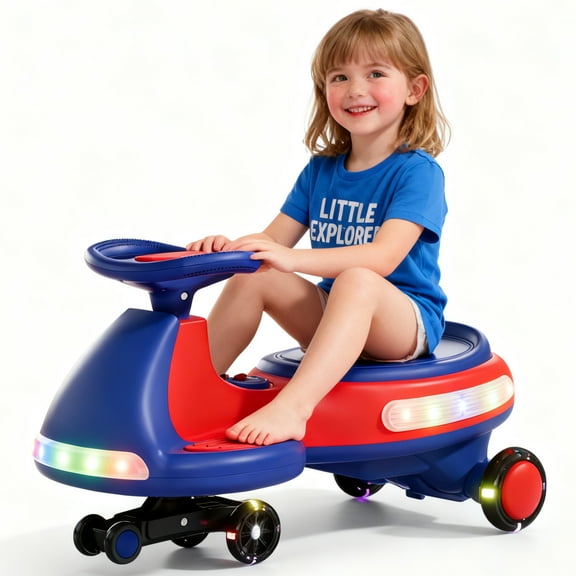 HNH 12V Electric Wiggle Car with Pedal, 2 in 1 Rechargeable Battery Swing Car for Ages 3 and Up, Flashing Wheels, Bluetooth, Red&Blue