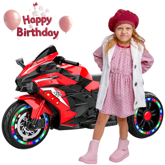 HNH 12V Kids Motorcycle for 2-6 Years Boy and Girl, Electric Motorcycle for Kids, 3 Wheels Toddler Motorcycle with Bluetooth Mp3 and Lighting Wheels-Red⭐