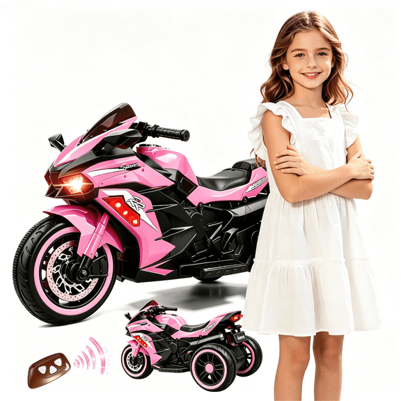 HNH 12V Ride on Motorcycle with Remote Control for Children, Battery Powered Kids Motorcycle 4Mph, 100Lbs Max