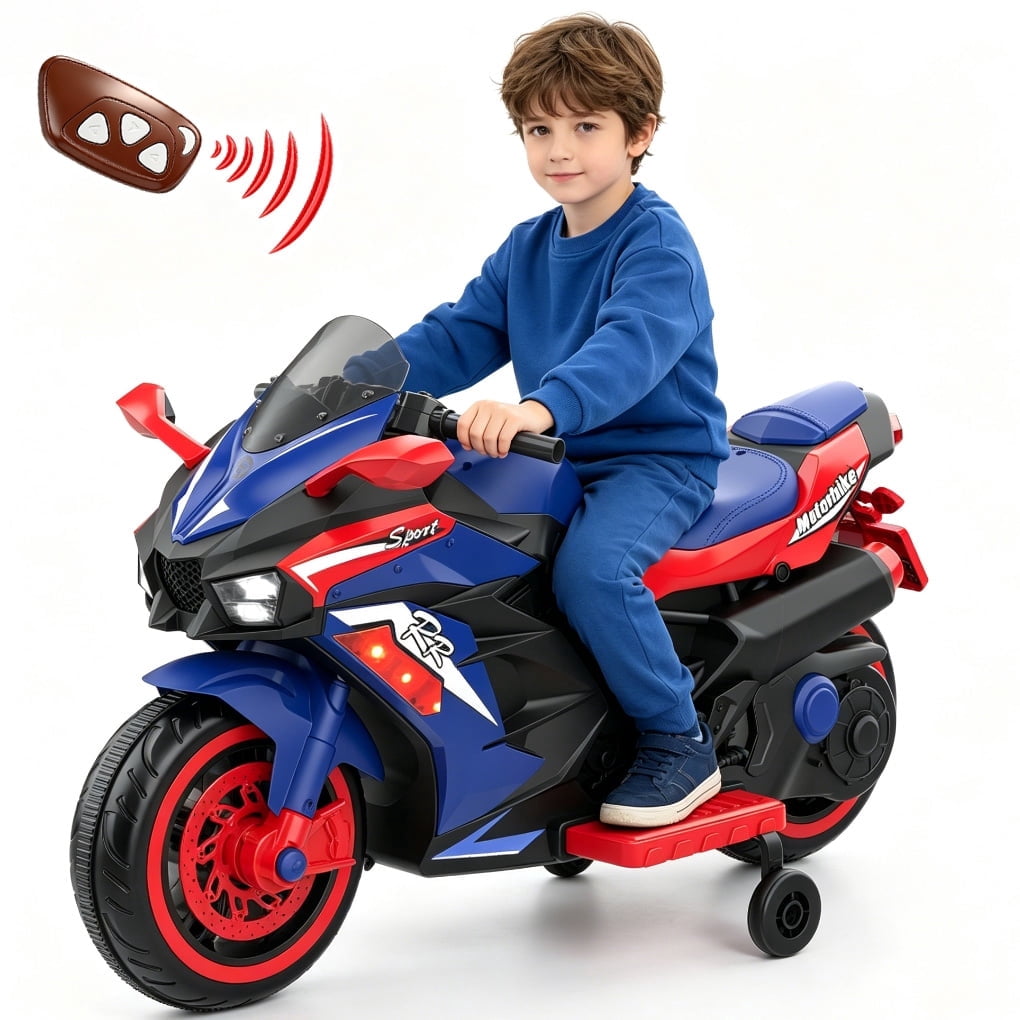 HNH 12V Ride on Motorcycle with Remote Control, Kids Electric Motorcycle with Music, Bluetooth, Lights