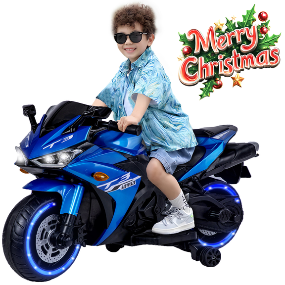 HNH 12V Toddler Ride on Motorcycle with Training Wheels, Battery Powered Electric Motorcycle with Music, Bluetooth, Lights, Blue