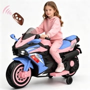 HNH Kids Motorcycle with Remote Control, 12V Pink Electric Motorcycle Ride on Toys for Toddler 3-6 Years Old