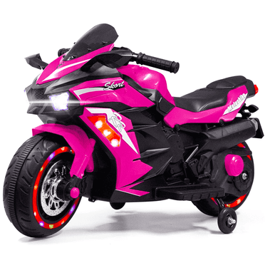 HNH 12V Kids Motorcycle Pink, Battery Powered Ride On Bike with Lights Wheels and Bluetooth Music, Christmas Gift for Boys & Girls