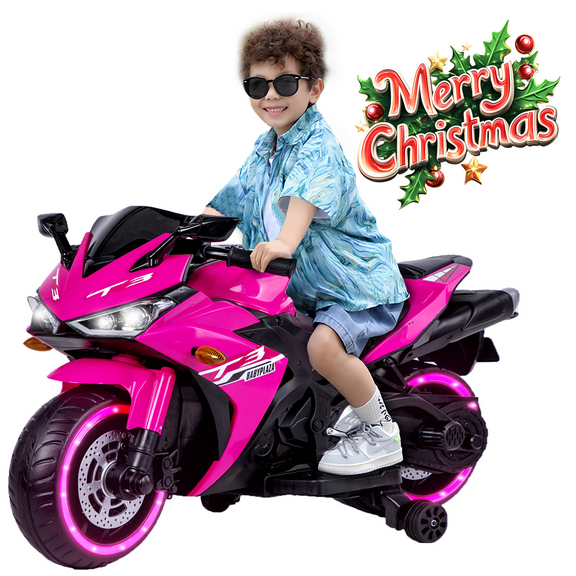 HNH 12V Pink Motorcycle, Ride on Motorcycle for Kids 3-8 Yeas, Battery Powered Motorbike with Light Wheels and Bluetooth, 4Mph