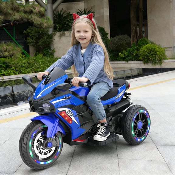 HNH 12V Ride On Motorcycle with 3 Wheel, Electric Motorbike for Kids, LED Tire and Bluetooth Music, Ride On Car for Gifts