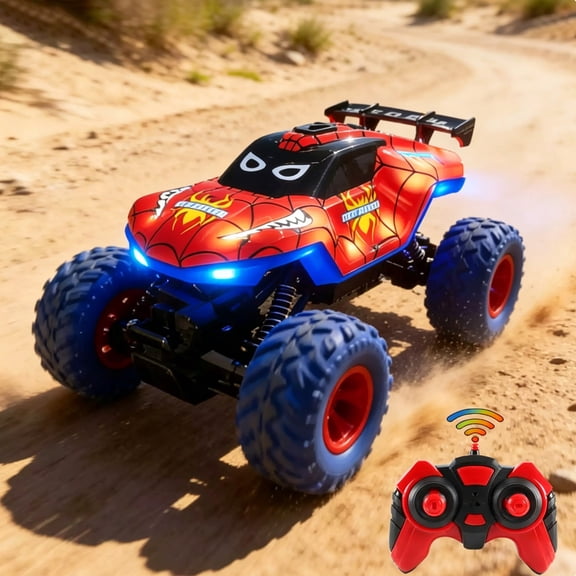HNH 1:16 Spider Monster Truck RC Car, 4WD All Terrain Off-road Remote Control Car with 2 Batteries, Lighting, Spray