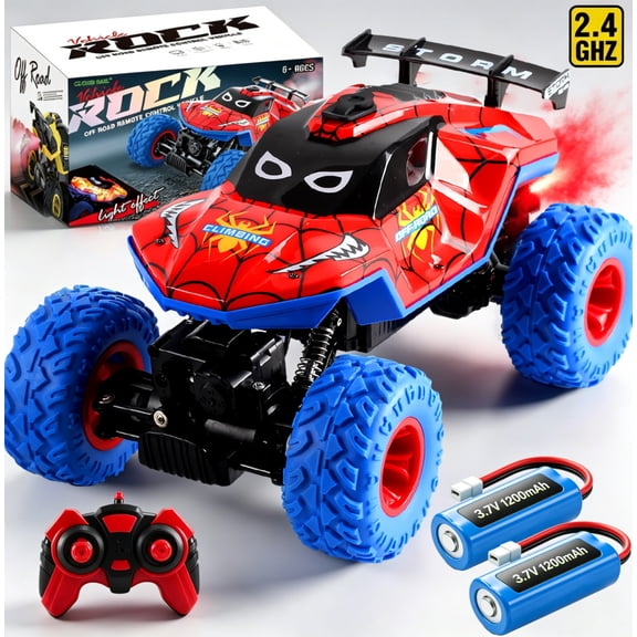 HNH 1:16 Spider Monster Truck RC Car, 4WD All Terrain Off-road Remote Control Car with 2 Batteries, Lighting, Spray