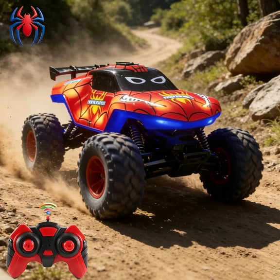 HNH 1:16 Spider Monster Truck RC Car, 4WD All Terrain Off-road Remote Control Car with 2 Batteries, Lighting, Spray