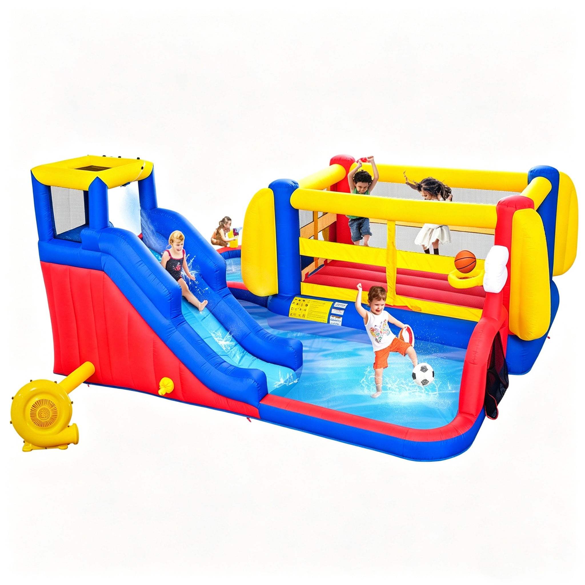 HNH Inflatable Slide Water Park for Kids, Bounce House with Deep Water Pool, Basketball Hoop Football Gate Water Cannon Climb Wall