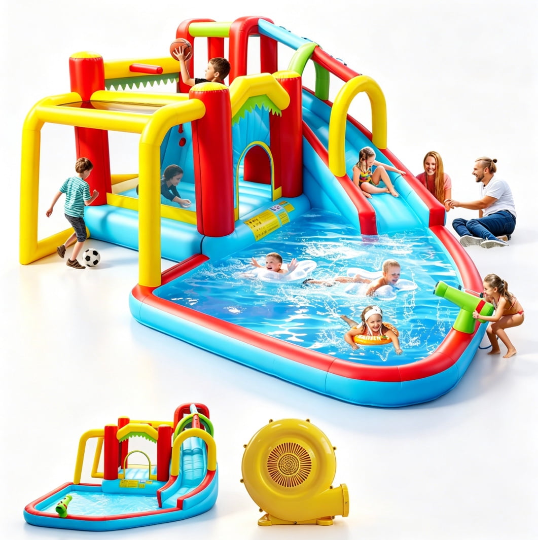 HNH 7 in 1 Inflatable Slide Water Park 177"x138"x95"H, Inflatable Bounce Houses for Kids with Splash Pool Water Gun