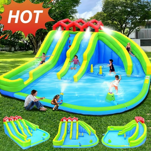 HNH Inflatable Water Three Slides Park, 7 in 1 Bounce House with Water Gun Sprinkler Fountain Climbing Wall, Jumping Castle with Air Blower