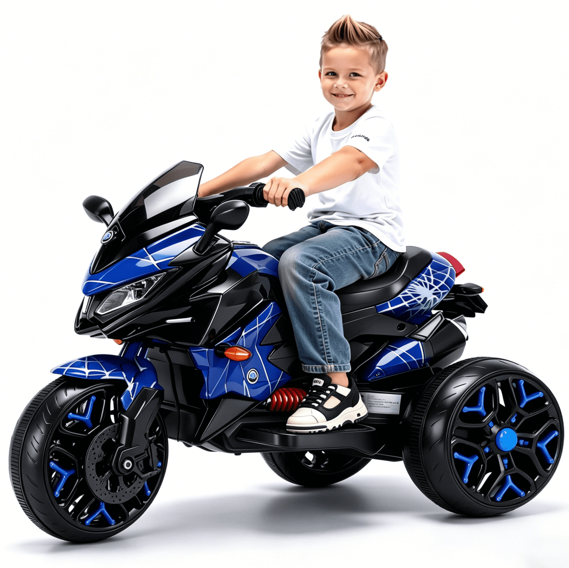 HNH Kids Motorcycle for 3-6 Year old, 3-Wheels Ride On Motorcycle, 12V Battery Powered Motorbike with PU Seat, Training Wheels/Manual Throttle/Lighting Wheels/Wireless