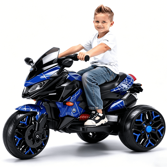 HNH Kids Motorcycle for 3-6 Year old, 3-Wheels Ride On Motorcycle, 12V Battery Powered Motorbike with PU Seat, Training Wheels/Manual Throttle/Lighting Wheels/Wireless