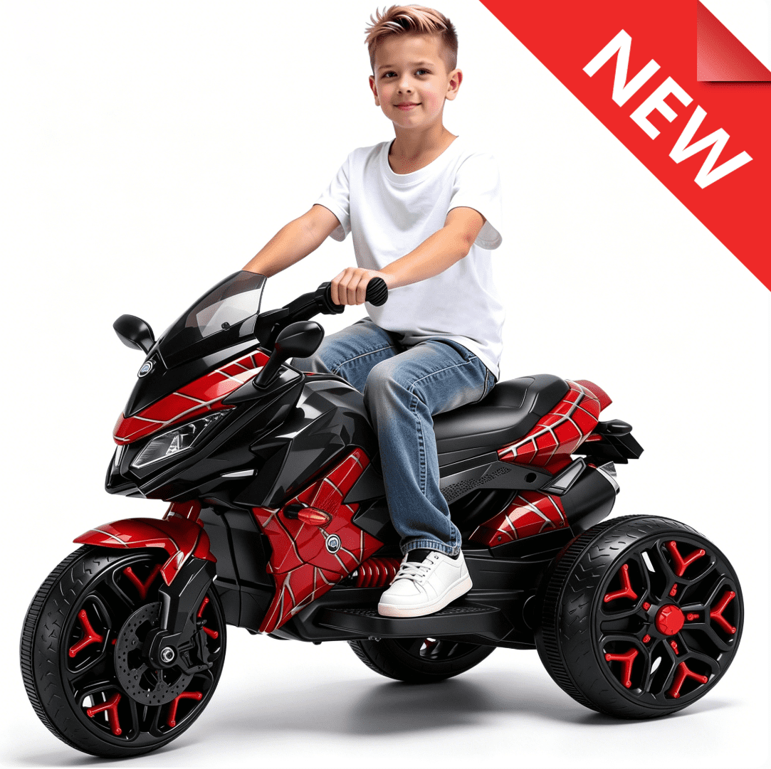 HNH 12V Spider Ride On Motorcycle, Kids Motorcycle for 3-6 Year old, With PU Seat, Training Wheels/Manual Throttle/Lighting Wheels/Wireless,Red