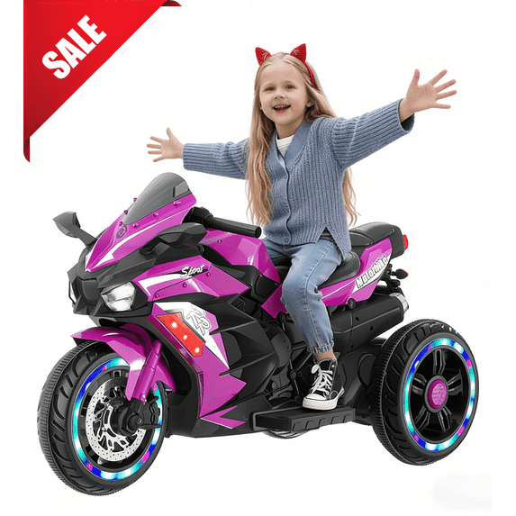 HNH Kids Ride On Motorbike Toys Age 2-6, Kids Motorcycle Tricycle with 3 Wheel, 12V Electric Ride on Motorcycle with Light Wheel & Bluetooth Music-Purple