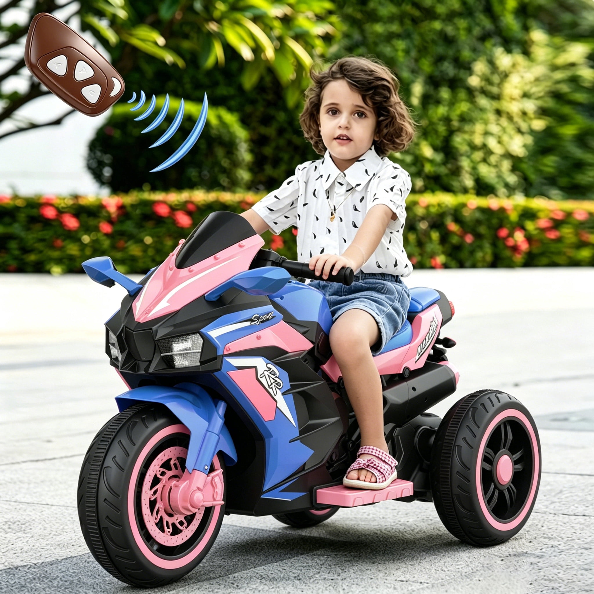HNH Pink Motorcycle for Girls, 12V Battery Powered Motorbike Ride on Toy for Kids 3-6, Electric Motorcycle with Remote Control, LED Light, Bluetooth Music