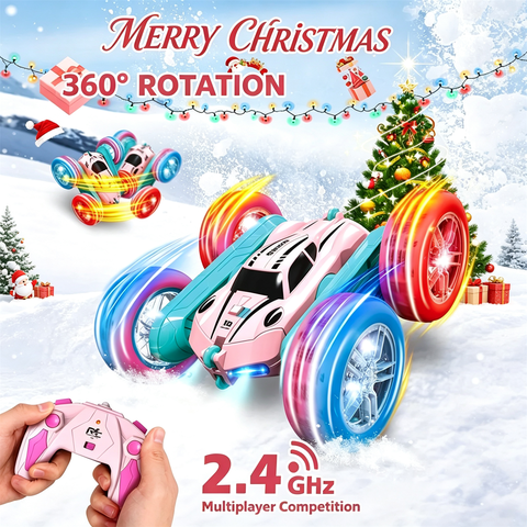 HNH RC Cars, Pink Remote Control Car for Girls, 2.4 GHZ Double Sided RC Stunt Car 360° Rotating Remote Control Crawler with Headlights Car Toys for Girls Birthday Gift