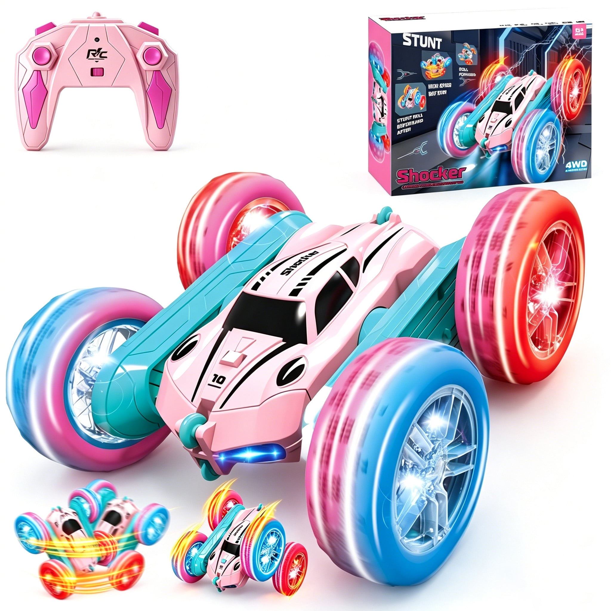 HNH RC Stunt Car for Boys Girls Ages 6-12, 2.4GHz Pink Remote Control Car, 4WD RC Cars Toys with Lights, Double-Sided Driving & 360°Flips, 2 Batteries, Presents Gifts
