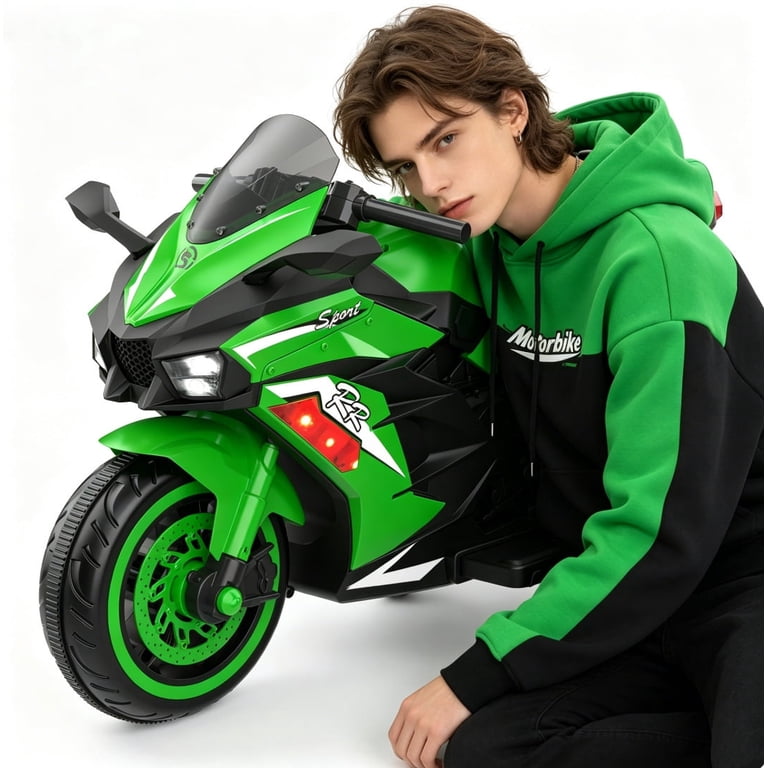 HNH Kids' 12V Battery-Powered Motorcycle with Training Wheels