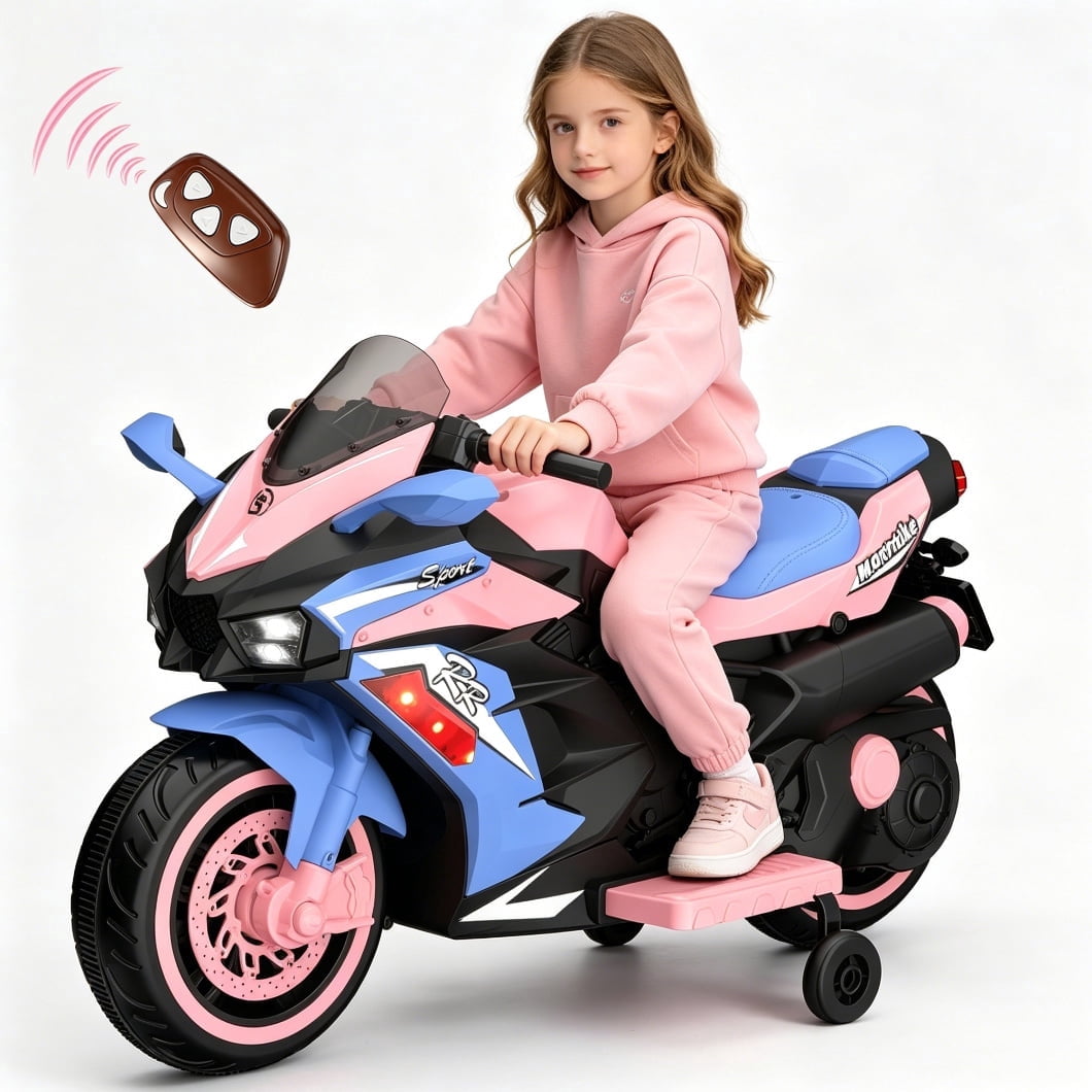 HNH 12V Ride on Toys for Girls, Kid Electric Motorcycle with Remote Control, Powered Motorcycle with Music, Bluetooth, Lights
